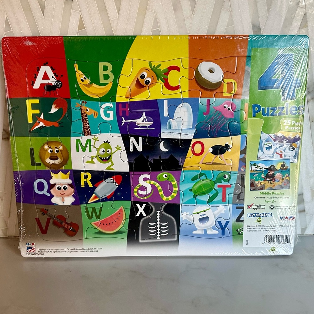 NIB (4 PACK) Playmonster 25 pc. kids puzzles. Alphabet. Yetis. Pirate. Vehicles